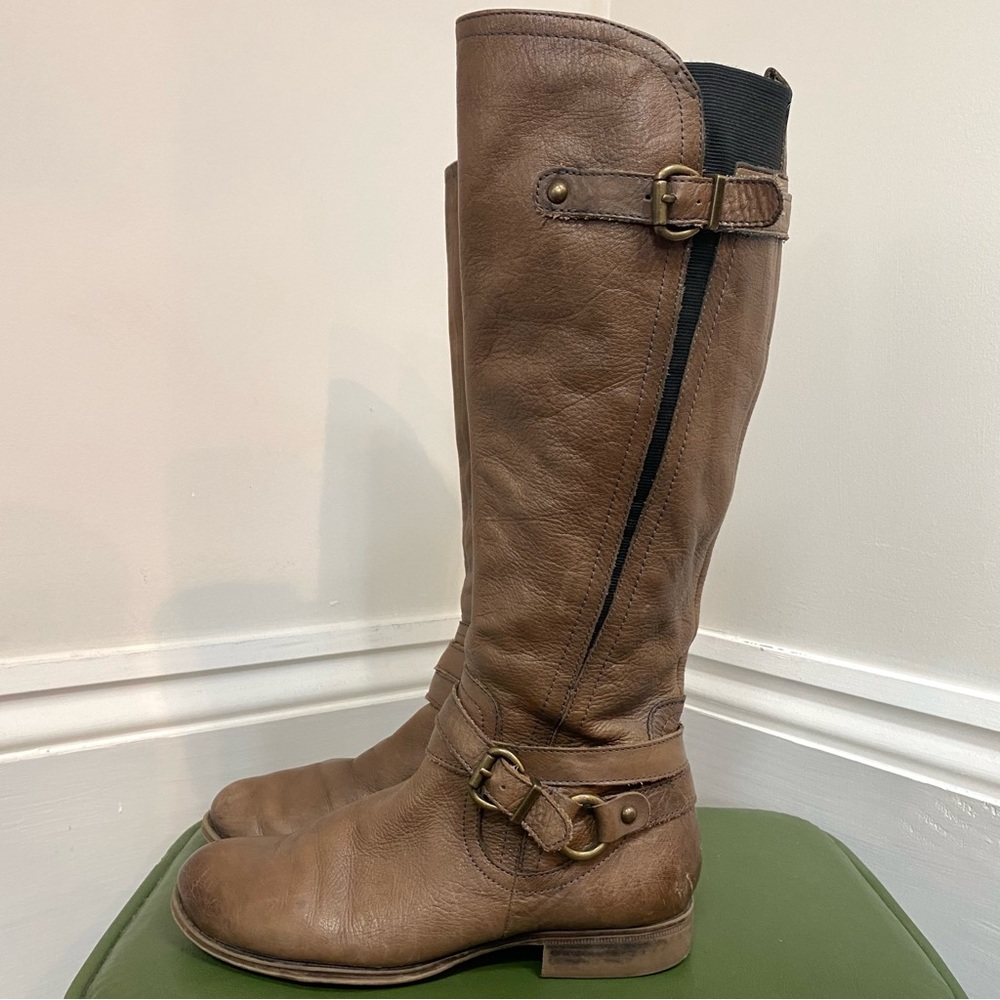 Naturalizer Juletta Leather Tall Boots w Wraparound Ankle Strap & Brass Hardware